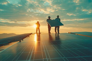 Men technicians carrying photovoltaic solar moduls on roof of factory on the morning. Installing a Solar Cell on a Roof. Solar panels on roof. Workers installing solar cell power plant eco , ai