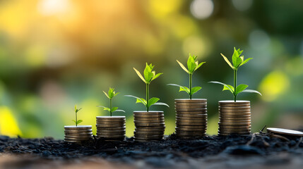 image depicts series of coin stacks with small green plants growing from them, symbolizing financial growth and sustainability. This visual representation emphasizes importance of nurturing investmen