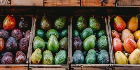 Poster - Assorted Organic Avocados in a Box Displayed Naturally at a Market Venue