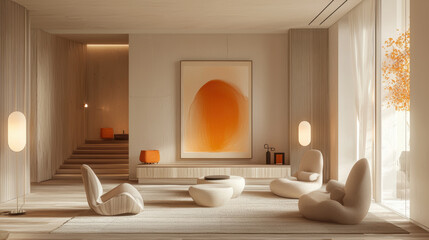 Wall Mural - A minimalist workspace design with focus on peach tones creates serene atmosphere