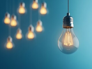 A single light bulb hanging against a blue background with other bulbs blurred in the background.