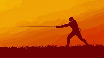 Wall Mural - Fencer silhouette lunging forward with a sword sharp motion lines capturing the agility and precision of the strike Large space for text in center Stock photo with copy space