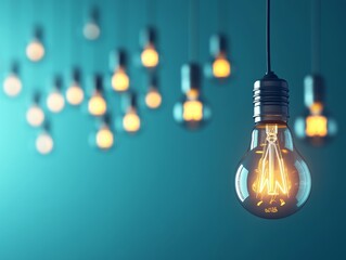 a single glowing light bulb hangs in front of a teal background with blurred out light bulbs in the 