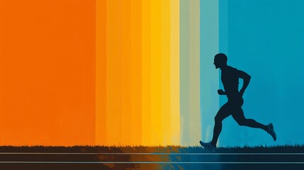 Wall Mural - Track runner silhouette sprinting with glowing trails behind symbolizing speed and endurance on a dynamic track background Large space for text in center Stock photo with copy space