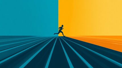 Wall Mural - Track runner silhouette sprinting with glowing trails behind symbolizing speed and endurance on a dynamic track background Large space for text in center Stock photo with copy space