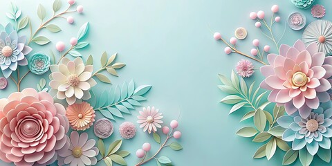 Wall Mural - Harmonious background with pastel paper cut flowers and gradient effects featuring soft colors, delicate designs, and serene atmosphere