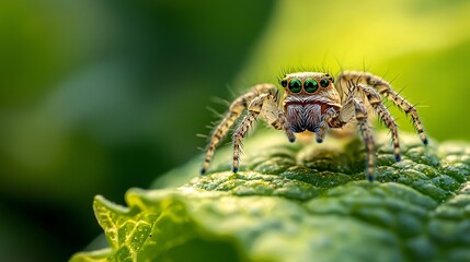 A delicate spiderling rests atop a vibrant leaf, its intricate limbs and petite form set against a softly blurred backdrop, emphasizing the beauty of nature.