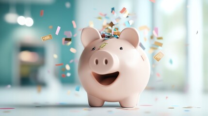 a cheerful piggy bank surrounded by colorful confetti, symbolizing savings, celebrations, and financ