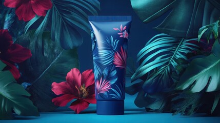 Mockup of a blue cosmetic tube with tropical floral label, set against vibrant exotic flowers and soft lighting, Created with Generative AI.