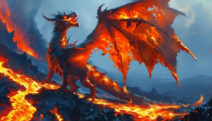 Wall Mural - Majestic fire dragon perched on volcanic terrain, wings outstretched, bathed in the glow of molten lava in a breathtaking fantasy landscape