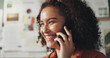 © PeakPoints/peopleimages.com - Phone call, creative and smile with business woman in office for design campaign, branding identity and networking. Communication, contact and technology with person and mobile for planning project