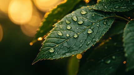 Poster - Leaf with dew drops at sunrise, nature