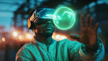 close-up of black man in VR headset holds up hand with illuminated, holographic green sphere floating above it 