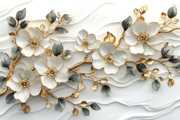 Poster - An illustration of Tropical spring floral leaves and flowers, isolated on transparent png background, ideal for greeting cards and wedding invitations.