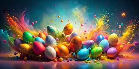 Wall Mural - Chaotic Easter-themed mix of splashes and streaks with glowing particles