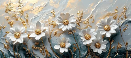 Poster - The landscape of white daisies blooms in a field, with a focus on the setting sun. The grassy meadows are blurred, creating a warm golden hour effect.