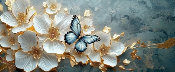 Leinwandbilder - Stunning blue butterfly on golden and purple flower buds with a blurred blue background. Dreamy soft romantic image with beautiful round bokeh.