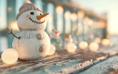 Wall Mural - A delightful snowman sitting cheerfully among glowing decorations, perfect for winter and holiday-themed projects.