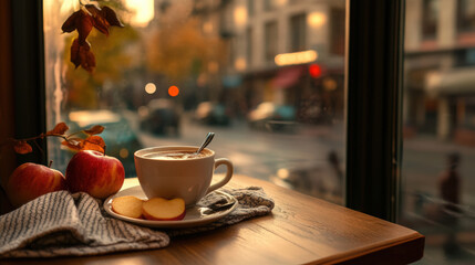 A white coffee cup with a spoon and two apples on a table