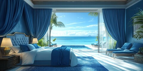 Canvas Print - blue hotel room design with luxury bed, sun loungers and private swimming pool on beautiful sea background 