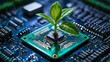 © Dreamlike - Digital micro-chip design with a sprout coming out of it, conceptual cpu computer hardware with green plant and shiny lights