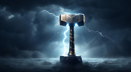 Canvas Print - A minimal illustration of Thor's hammer, Mjölnir, floating above a storm cloud with lightning striking from its head. The design symbolizes power and protection from Norse mythology, with a plain back