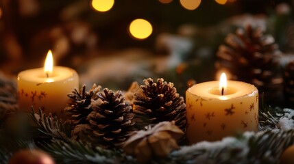 Wall Mural - Two candles with snowflakes design burning on a bed of pine needles and pine cones covered in snow.