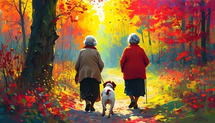 Autumn stroll through a vibrant forest with an elderly woman and her dog, embracing nature and companionship amidst colorful foliage