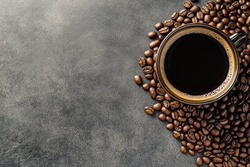 Coffee cup and coffee beans on gray background, Black coffee cup aromatic , ai