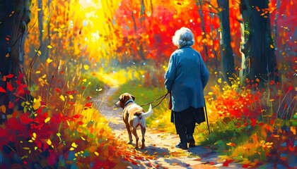 Wall Mural - Autumn stroll through a vibrant forest with an elderly woman and her dog, embracing nature and companionship amidst colorful foliage