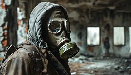 Wall Mural - Survivor in Gas Mask Exploring Abandoned Building in a Post-Apocalyptic World