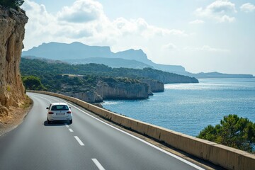 White car driving on the coastal road. road landscape in summer. it's nice to drive on beach side highway. Highway view on the coast on the way to summer vacation. Spain trip on beautiful travel , ai