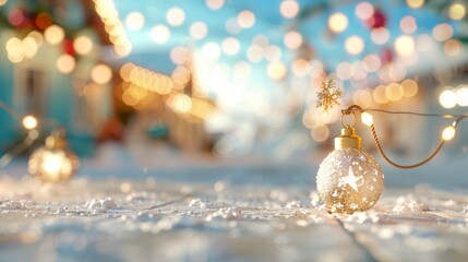 Canvas Print - A sparkling holiday ornament surrounded by soft lights and snow, creating a warm and festive atmosphere perfect for celebrations.