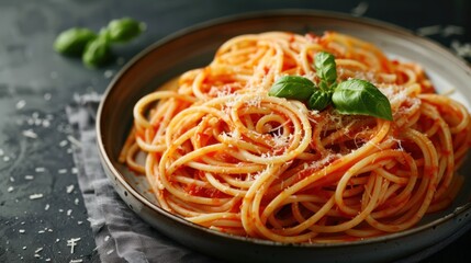 Appetizing classic Italian spaghetti pasta with tomato sauce on a plate on a ceramic table