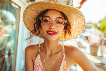 Young, beautiful hipster woman smiling in trendy summer clothes