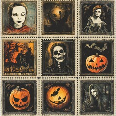 A grid of vintage postage stamps with h Halloween illustrations By Generated AI