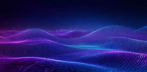 Poster - abstract digital landscape with glowing lines and dots in purple and blue colors.