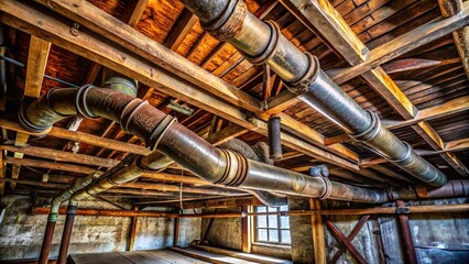 Dusty old galvanized water pipes snake through the attic space, rusted and corroded, with wooden beams and exposed ductwork surrounding them