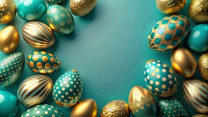 Wall Mural - Abstract teal-gold background with hidden Easter egg shapes, perfect for Easter-themed designs