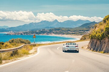 White car driving on the coastal road. road landscape in summer. it's nice to drive on beach side highway. Highway view on the coast on the way to summer vacation. Spain trip on beautiful travel , ai