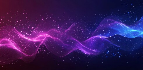 Poster - abstract glowing neon wave and particles.