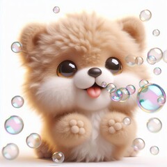 Wall Mural - A 3D fluffy cute Dog blowing bubbles, with a playful expression. The Dog has fluffy fur, large round eyes, and a happy smile. The bubbles float around it in