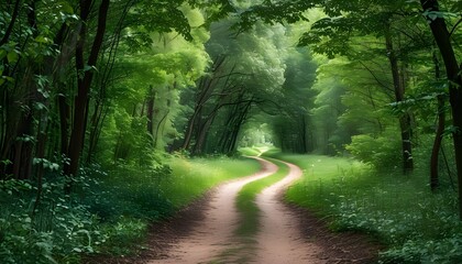 Wall Mural - Tranquil forest path enveloped by lush greenery, creating a serene natural tunnel under the arching trees