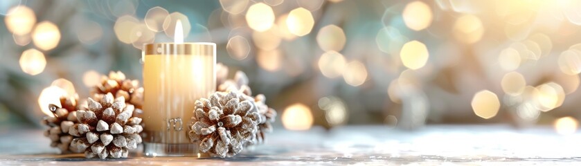 Wall Mural - Cozy holiday scene with a candle and pine cones, featuring soft bokeh lights in the background, perfect for warm winter decor.