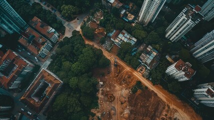 Aerial view of a construction site surrounded by greenery and urban buildings.