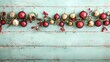 © Ruby Siam - Decorative Christmas ornaments with red and gold colors on a rustic wooden background, perfect for festive holiday themes.
