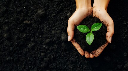 Two hands cupping fertile dark soil with a green sprout growing in the middle.