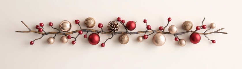 Wall Mural - Decorative holiday garland featuring red and beige ornaments, pinecones, and berries, perfect for festive decor.