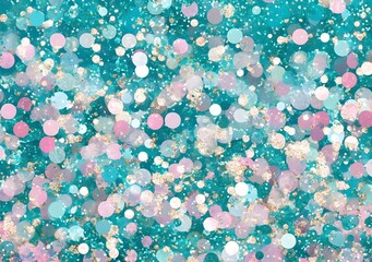 Abstract Teal Glitter Background with Pink and White Circles