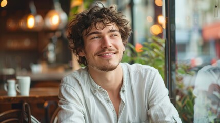 Portrait of young happy curly man on blurred background of cafe.